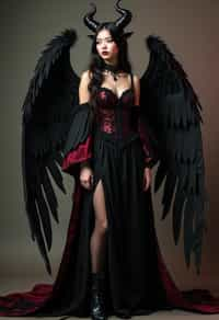 a woman dressed as an angel poses for a picture, dark angel, angel knight gothic girl, dark gothic dress, very sexy devil outfit, full body devil woman, gothic woman dressed in black and red, megan fox witch queen, raven winged female vampire, villainess has black angel wings, gothic outfit, tall female angel, gothic dress, fallen angel, winged woman angel, fishnet stockings