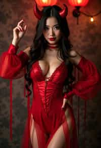 woman wearing (naughty halloween) (sexy halloween costume) red devil outfit posing for photo