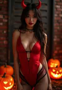 a woman wearing sexy halloween costume, (silk red bodysuit), stockings, red devil, red devil horns, lingerie, fishnets, spiderwebs, pumpkins, (camera flash light)