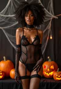 woman wearing (naughty halloween) (sexy halloween costume) (fishnet bodystockings) (halloween outfit), spooky outfit posing for photo, background is halloween pumpkins and spiderwebs