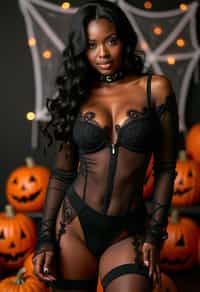 woman wearing (naughty halloween) (sexy halloween costume) (stockings) (halloween outfit), spooky outfit posing for photo, background is halloween pumpkins and spiderwebs