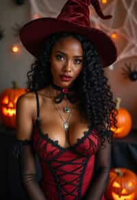 woman wearing (naughty halloween) (sexy halloween costume) (halloween outfit), spooky outfit posing for photo, background is halloween pumpkins and spiderwebs