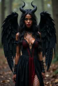 a woman dressed as an angel poses for a picture, dark angel, angel knight gothic girl, dark gothic dress, very sexy devil outfit, full body devil woman, gothic woman dressed in black and red, megan fox witch queen, raven winged female vampire, villainess has black angel wings, gothic outfit, tall female angel, gothic dress, fallen angel, winged woman angel, fishnet stockings