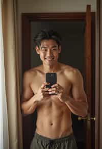 beautiful man taking a selfie in bedroom mirror