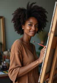 a woman as artistic painter in  art studio with wooden easel and paint