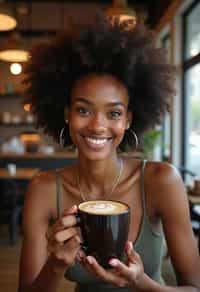 woman in a trendy café, holding a freshly brewed cup of coffee