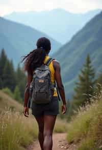 woman on a hiking trail, overlooking a breathtaking mountain landscape