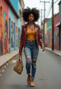 woman wearing a trendy outfit, walking down a street lined with colorful murals