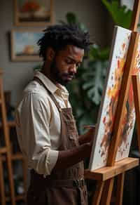 a man as artistic painter in  art studio with wooden easel and paint