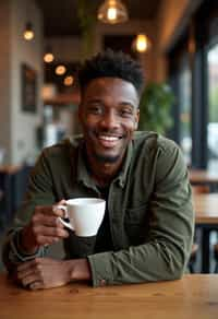 man in a trendy café, holding a freshly brewed cup of coffee