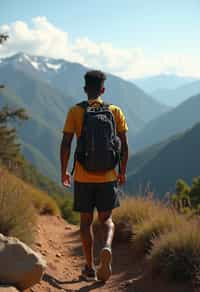 man on a hiking trail, overlooking a breathtaking mountain landscape