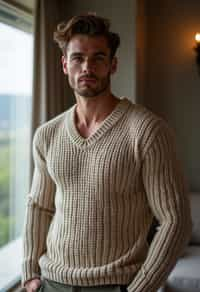 a man wearing knitted sweater) in luxury villa living room, instagram photo, instagram,  fit body