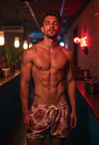 a man wearing  silk floral swim shorts in night club, instagram photo, instagram,  fit body