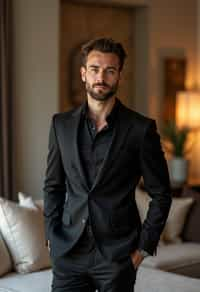 a man wearing  black suit in luxury villa living room, instagram photo, instagram,  fit body