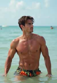 man in  swim shorts} in sea water on the beach, wet hair