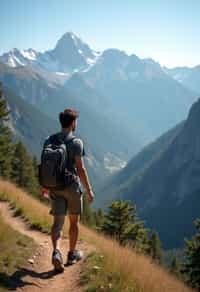 man on a hiking trail, overlooking a breathtaking mountain landscape