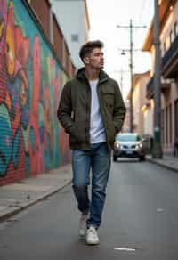 man wearing a trendy outfit, walking down a street lined with colorful murals