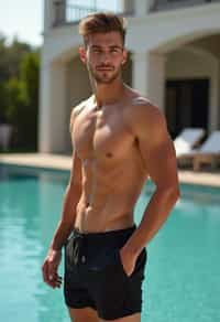 man  wearing  , , fit body very man, in front of luxury villa,  black shorts, sexy, beautiful, man