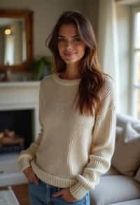 a woman wearing knitted sweater) in luxury villa living room, instagram photo, instagram, hourglass figure