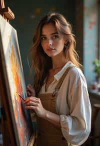 a woman as artistic painter in  art studio with wooden easel and paint