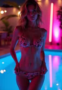 woman with hourglass figure,  in floral silk bikini  at pool party with neon lights