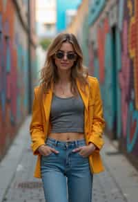 woman wearing a trendy outfit, walking down a street lined with colorful murals