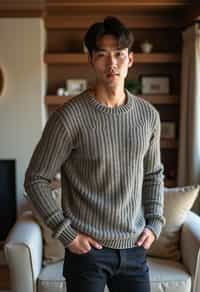 a man wearing knitted sweater) in luxury villa living room, instagram photo, instagram,  fit body