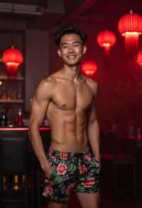 a man wearing  silk floral swim shorts in night club, instagram photo, instagram,  fit body