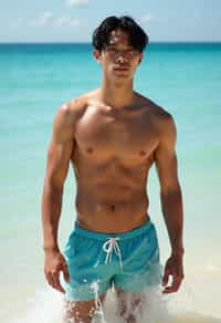 man in  swim shorts} in sea water on the beach, wet hair