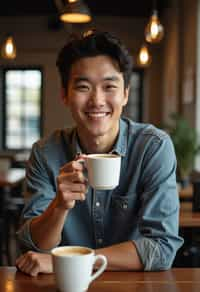 man in a trendy café, holding a freshly brewed cup of coffee