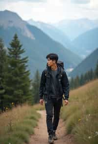 man on a hiking trail, overlooking a breathtaking mountain landscape