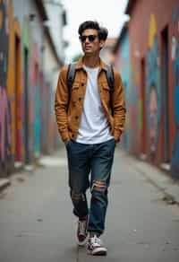 man wearing a trendy outfit, walking down a street lined with colorful murals