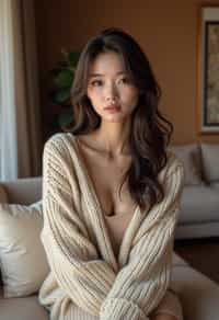 a woman wearing knitted sweater) in luxury villa living room, instagram photo, instagram, hourglass figure