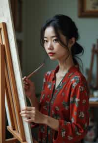 a woman as artistic painter in  art studio with wooden easel and paint