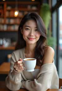 woman in a trendy café, holding a freshly brewed cup of coffee