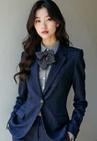 woman showcasing a unique windowpane check suit in a navy blue color with a patterned shirt and a contrasting bow tie