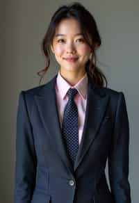 woman wearing a classic navy herringbone suit with a light pink dress shirt and a polka dot tie