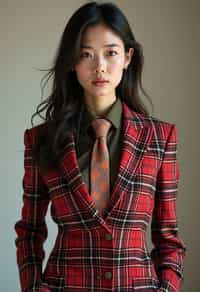 woman showcasing a dappersuit in a bold plaid pattern with a solid-colored shirt and a knitted tie