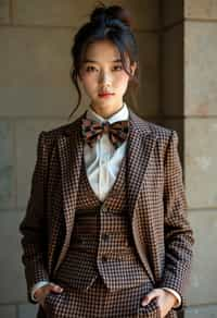 woman wearing a trendy tweed suit with a patterned bow tie and a contrasting vest