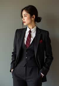 woman trying on a sophisticated pinstripe suit with a waistcoat and a burgundy tie