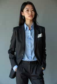 woman showcasing a modern slim-fit charcoal with a light blue dress shirt and a contrasting pocket square