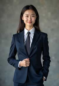 woman wearing a classic navy blue suit with a crisp white dress shirt and a patterned tie