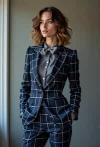 woman showcasing a unique windowpane check suit in a navy blue color with a patterned shirt and a contrasting bow tie