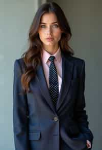 woman wearing a classic navy herringbone suit with a light pink dress shirt and a polka dot tie