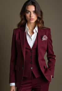 woman trying on a stylish three-piece suit in a rich burgundy color with a crisp white shirt and a paisley patterned pocket square