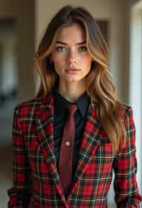 woman showcasing a dappersuit in a bold plaid pattern with a solid-colored shirt and a knitted tie