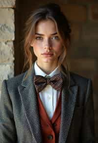 woman wearing a trendy tweed suit with a patterned bow tie and a contrasting vest