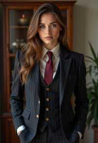 woman trying on a sophisticated pinstripe suit with a waistcoat and a burgundy tie