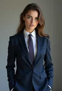 woman wearing a classic navy blue suit with a crisp white dress shirt and a patterned tie