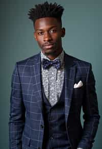 handsome and stylish man showcasing a unique windowpane check suit in a navy blue color with a patterned shirt and a contrasting bow tie